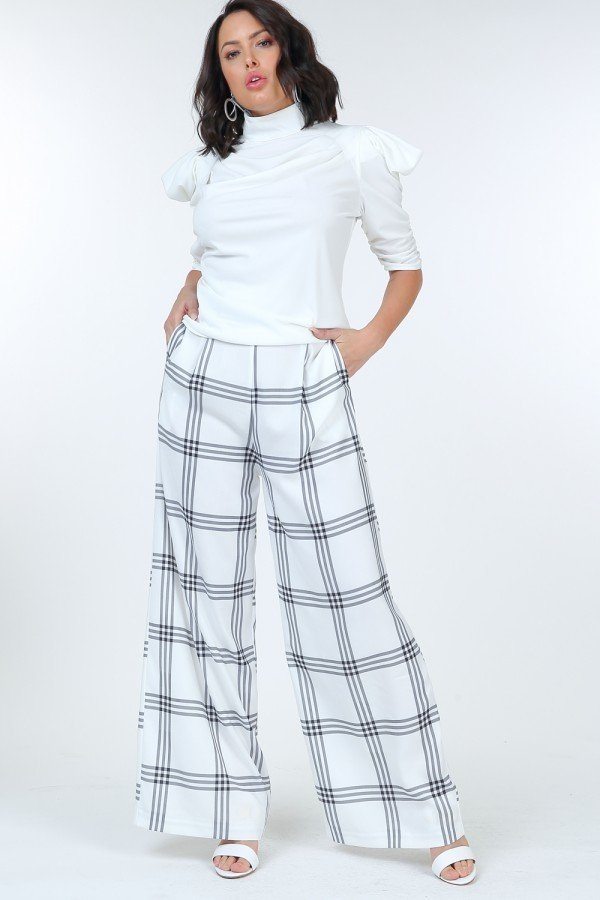 High Waist Plaid Print Wide Leg Pants - ShopEasier