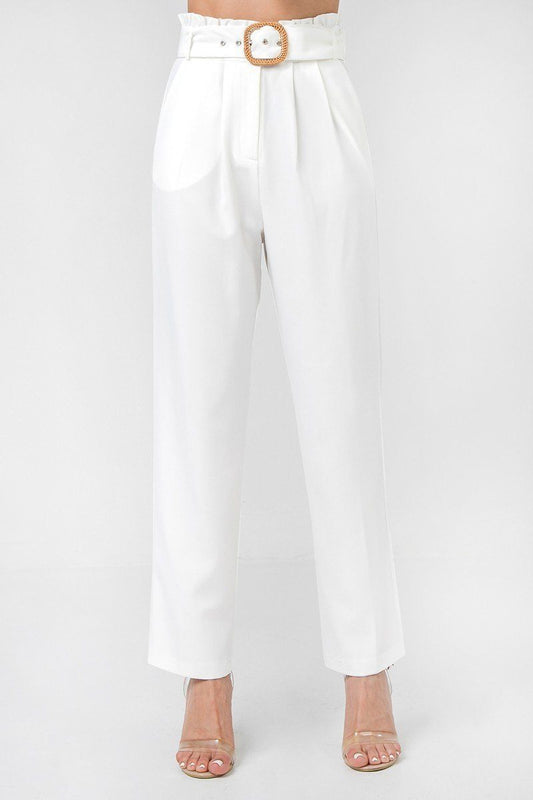 A Solid Pant Featuring Paperbag Waist With Rattan Buckle Belt - ShopEasier