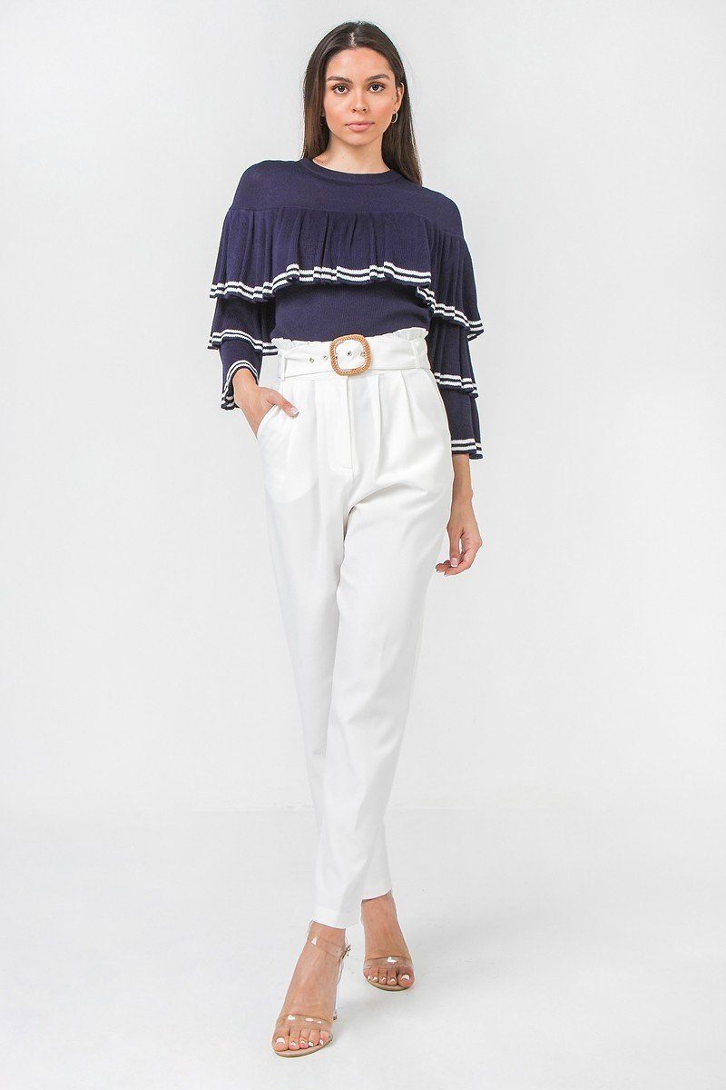 A Solid Pant Featuring Paperbag Waist With Rattan Buckle Belt - ShopEasier