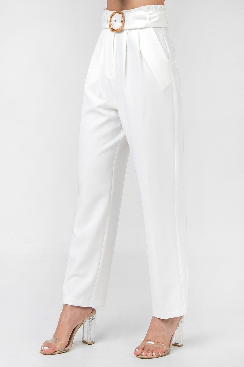 A Solid Pant Featuring Paperbag Waist With Rattan Buckle Belt - ShopEasier