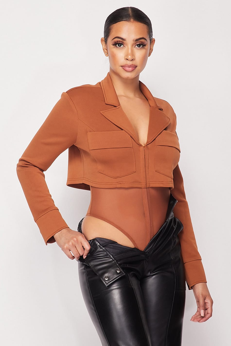 Deep-v Cropped Power Shoulder Blazer Bodysuit - ShopEasier