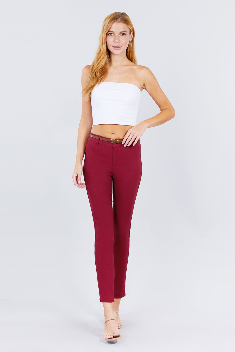 Belted Textured Long Pants - ShopEasier