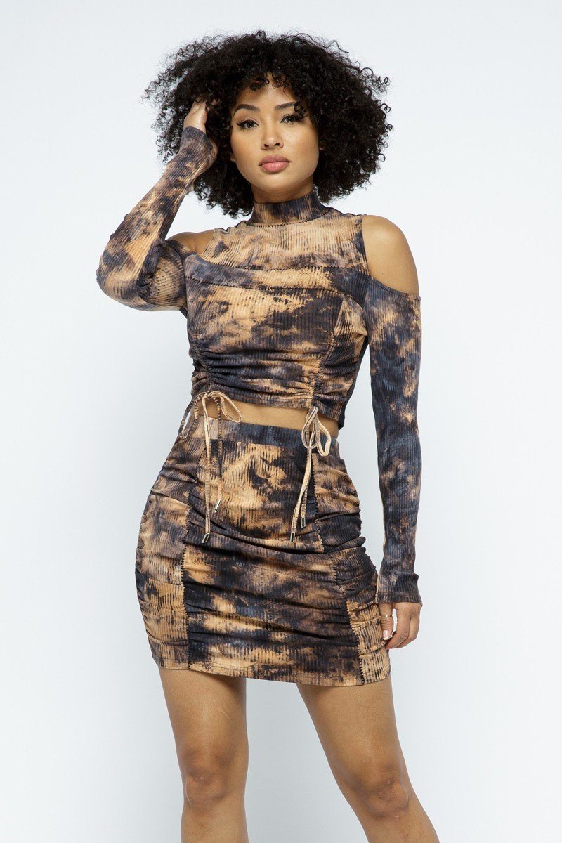 Tie Dye Open Shoulder Long Sleeve Top And Matching Skirt W Ruching Details - ShopEasier