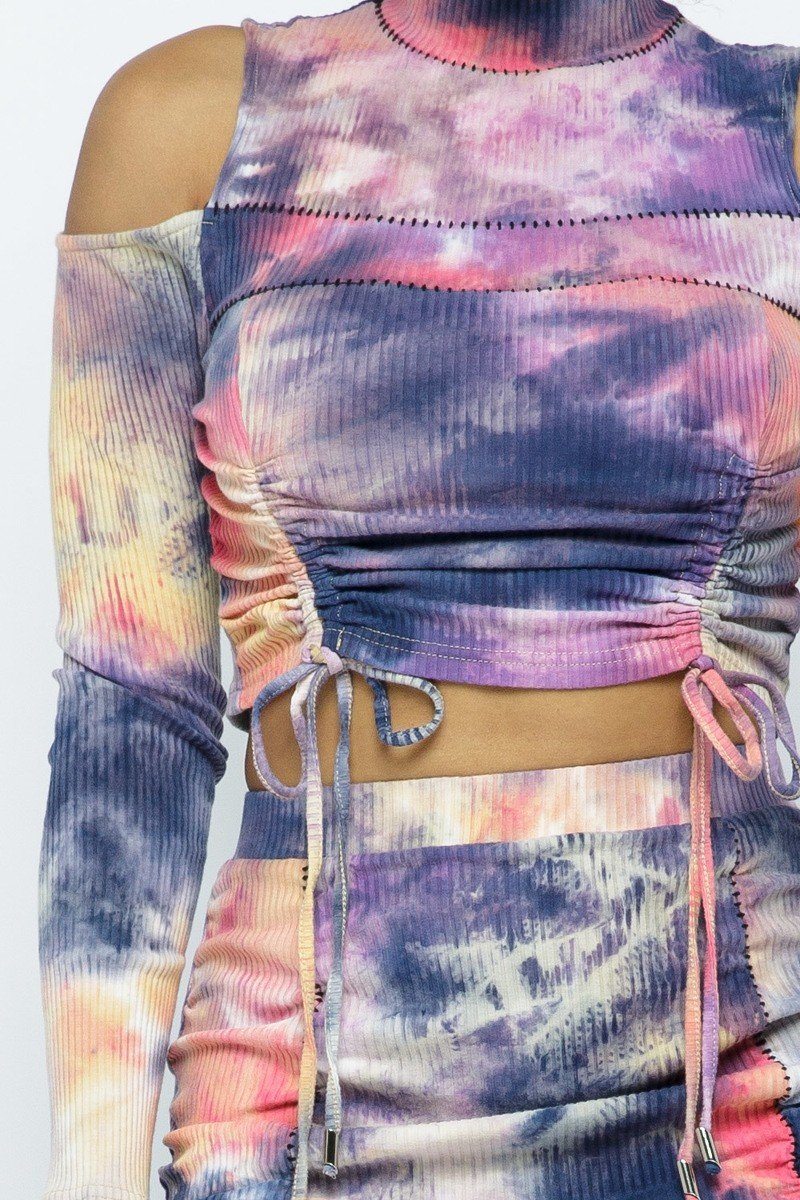 Tie Dye Open Shoulder Long Sleeve Top And Matching Skirt W Ruching Details - ShopEasier