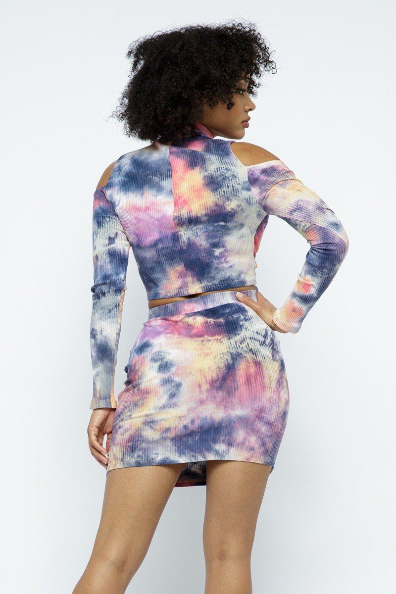 Tie Dye Open Shoulder Long Sleeve Top And Matching Skirt W Ruching Details - ShopEasier