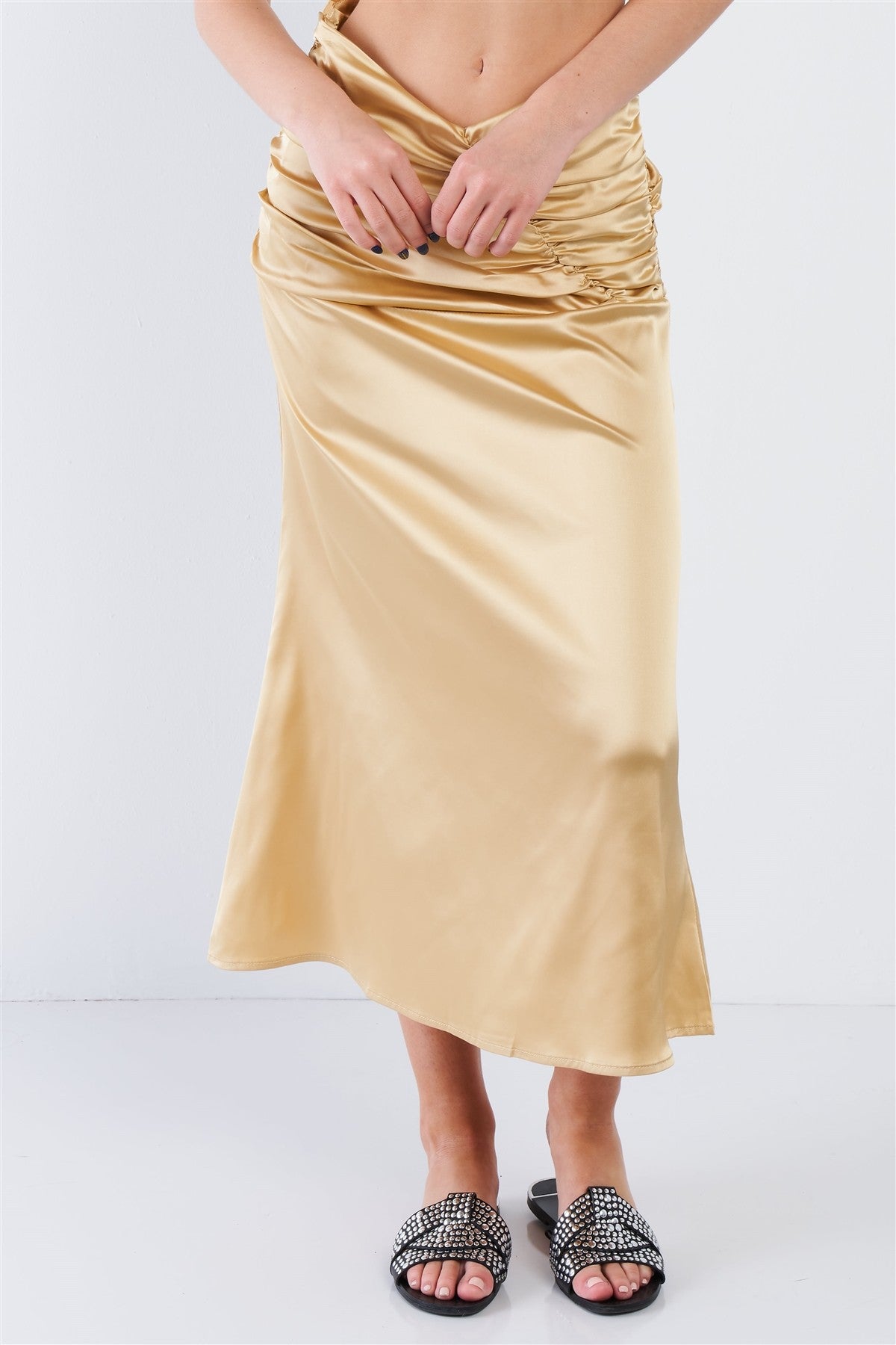 Satin Ruffle Waist Midi Skirt - ShopEasier