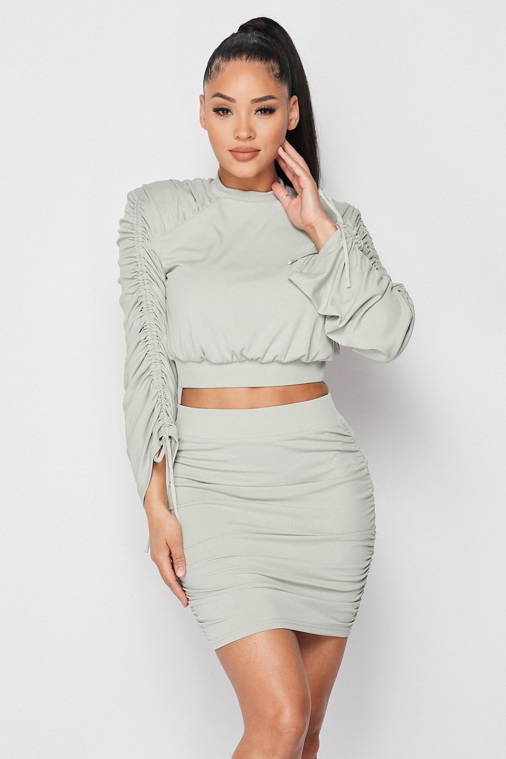 Ruched Long Sleeve And Skirt Set - ShopEasier