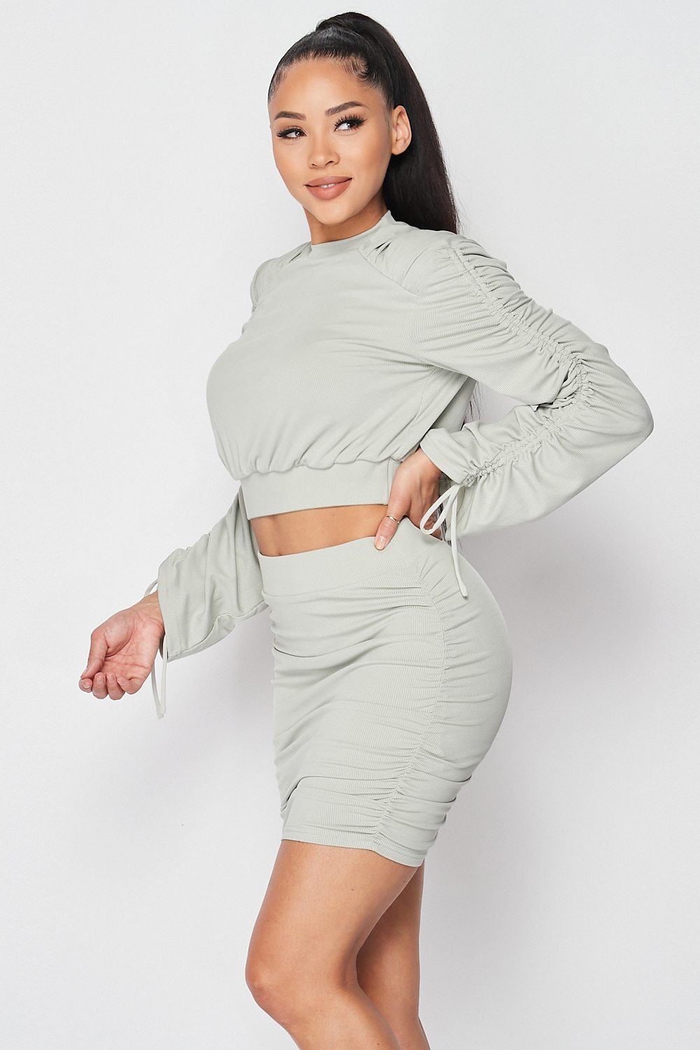 Ruched Long Sleeve And Skirt Set - ShopEasier