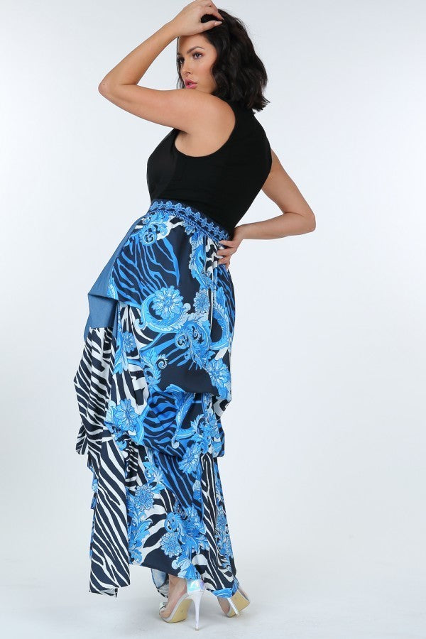 Animal Chain Print Denim Tacked Maxi Skirt In Black Gold - ShopEasier