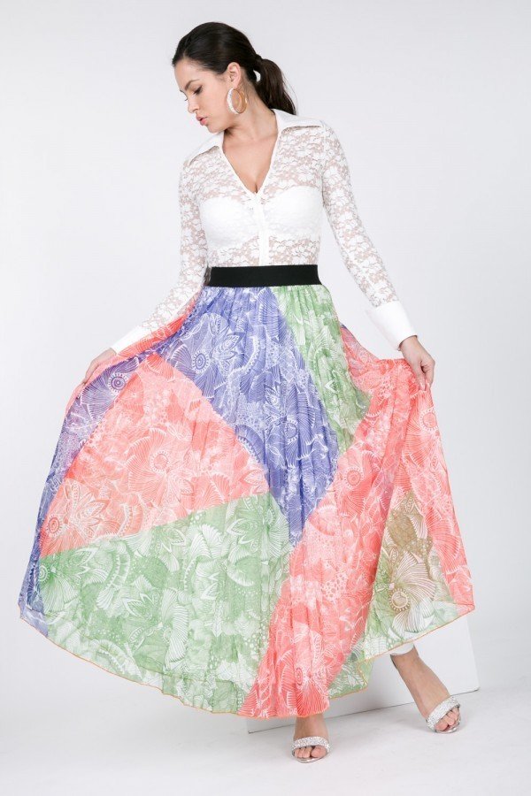 Color Block Pleated Maxi Skirt - ShopEasier