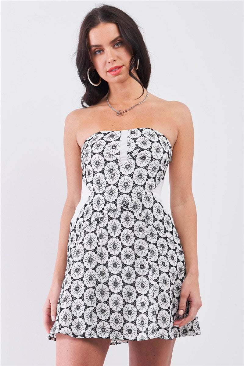 White & Black Floral Crochet Sleeveless Strapless Smock Back Detail Mini Dress - ShopEasier