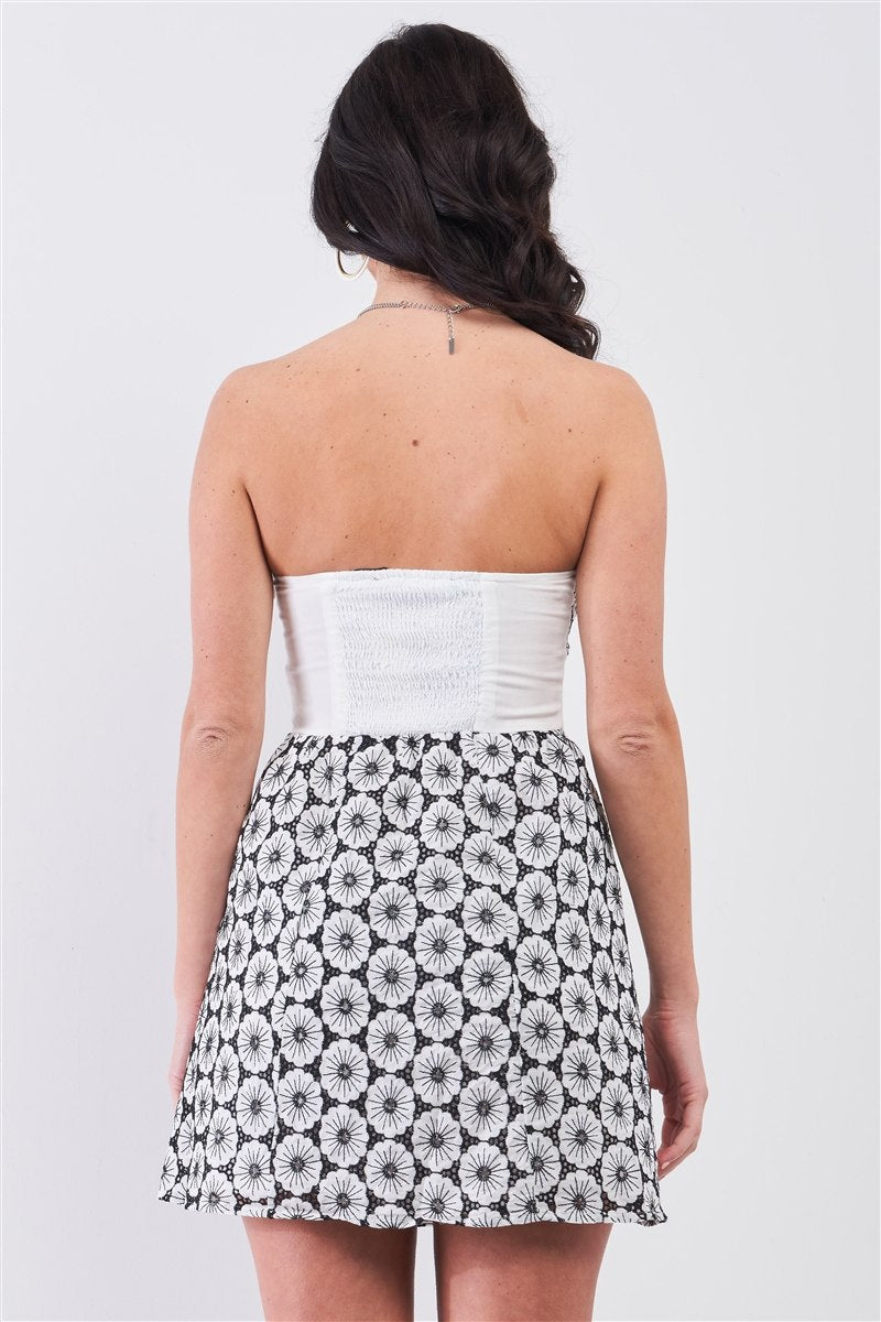 White & Black Floral Crochet Sleeveless Strapless Smock Back Detail Mini Dress - ShopEasier