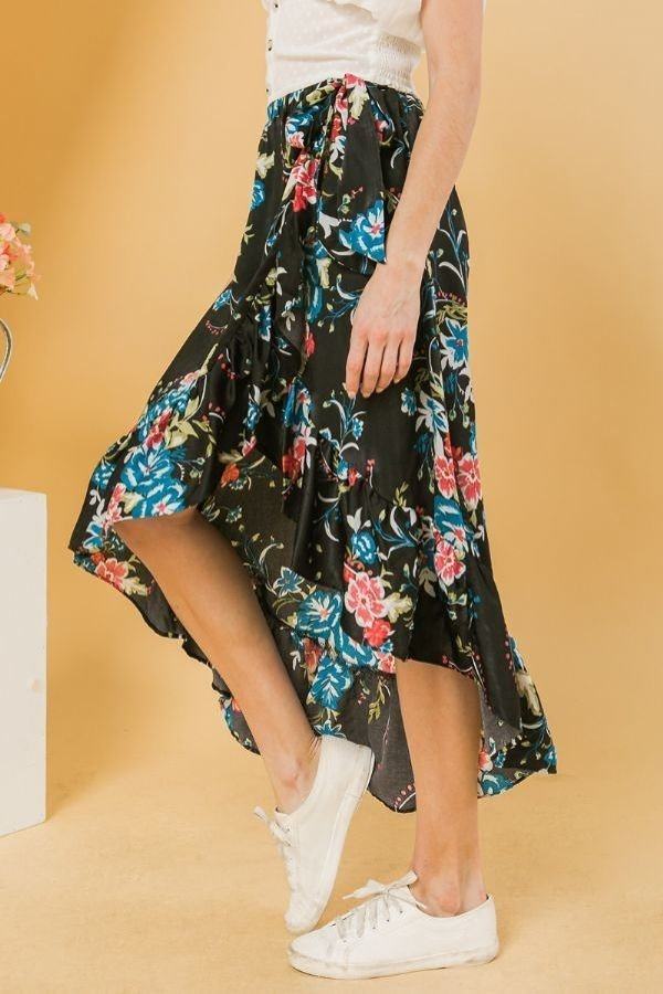 Floral Ruffle Skirt With Trim High Low. - ShopEasier