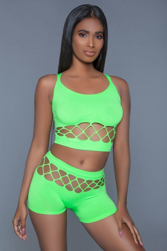 2 pc silk fishnet set that includes a tank crop top with criss-cross cami straps and a pair of high waisted booty shorts. - ShopEasier