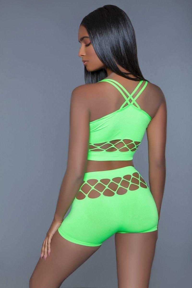 2 pc silk fishnet set that includes a tank crop top with criss-cross cami straps and a pair of high waisted booty shorts. - ShopEasier