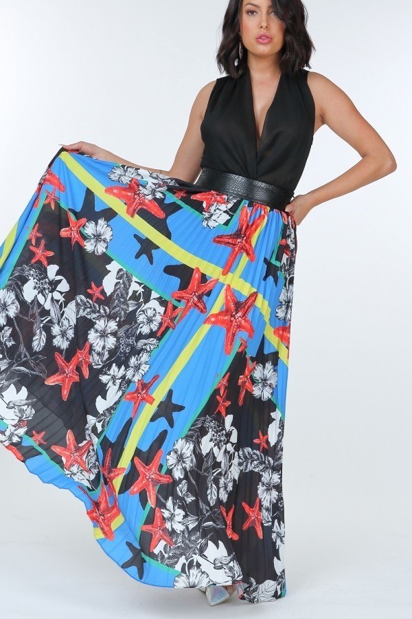 Pleated Print Maxi Skirt With Leather Waist Band - ShopEasier