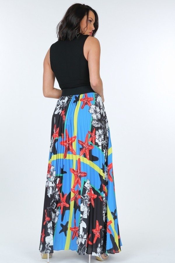 Pleated Print Maxi Skirt With Leather Waist Band - ShopEasier