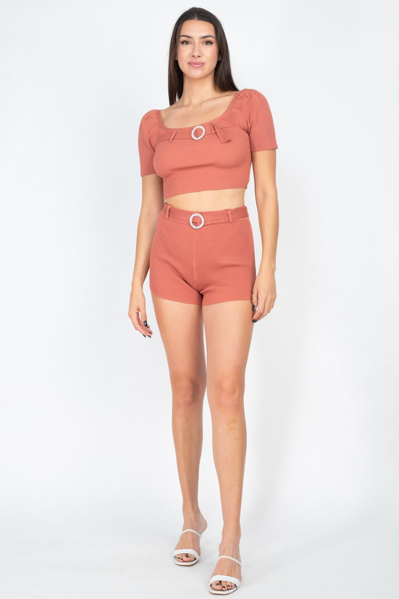 Scoop Neck Crop Top And Ribbed Shorts - ShopEasier