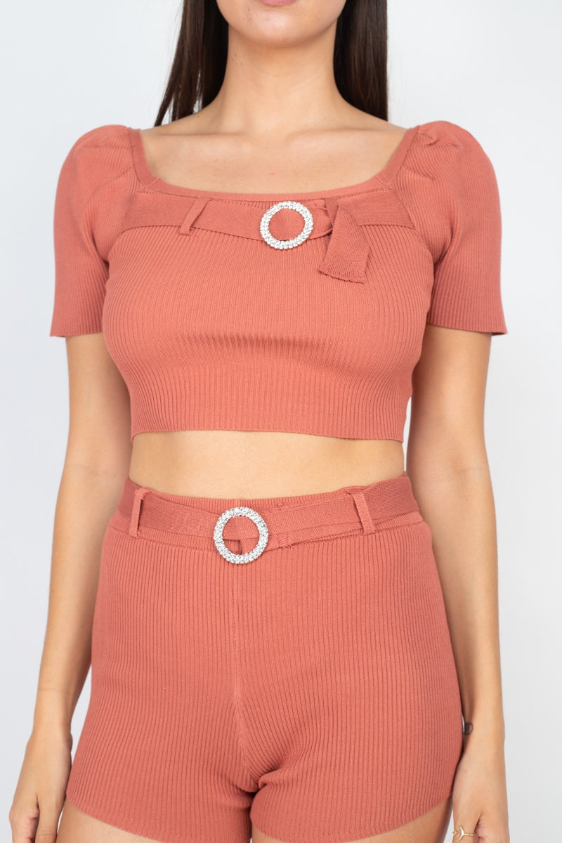 Scoop Neck Crop Top And Ribbed Shorts - ShopEasier