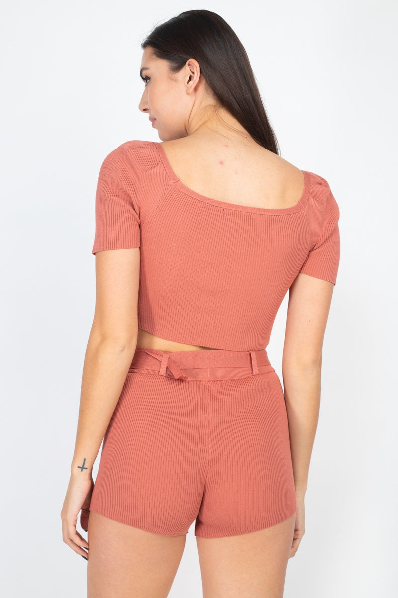 Scoop Neck Crop Top And Ribbed Shorts - ShopEasier