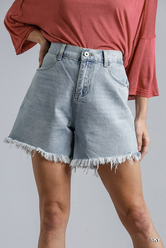 High Rise Denim Shorts With Raw Hem - ShopEasier