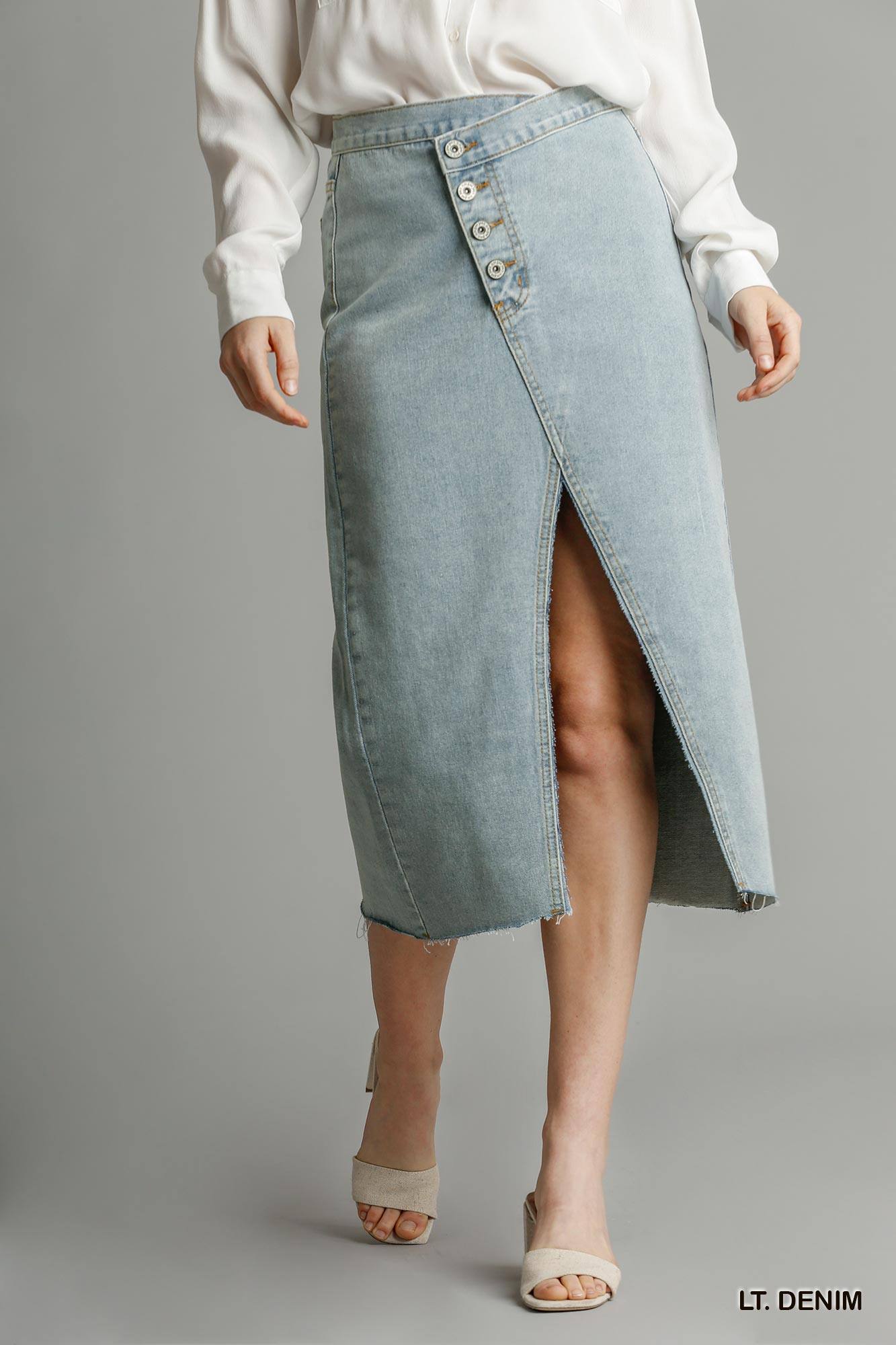 Asymmetrical Waist And Button Up Front Split Denim Skirt With Back Pockets And Unfinished Hem - ShopEasier