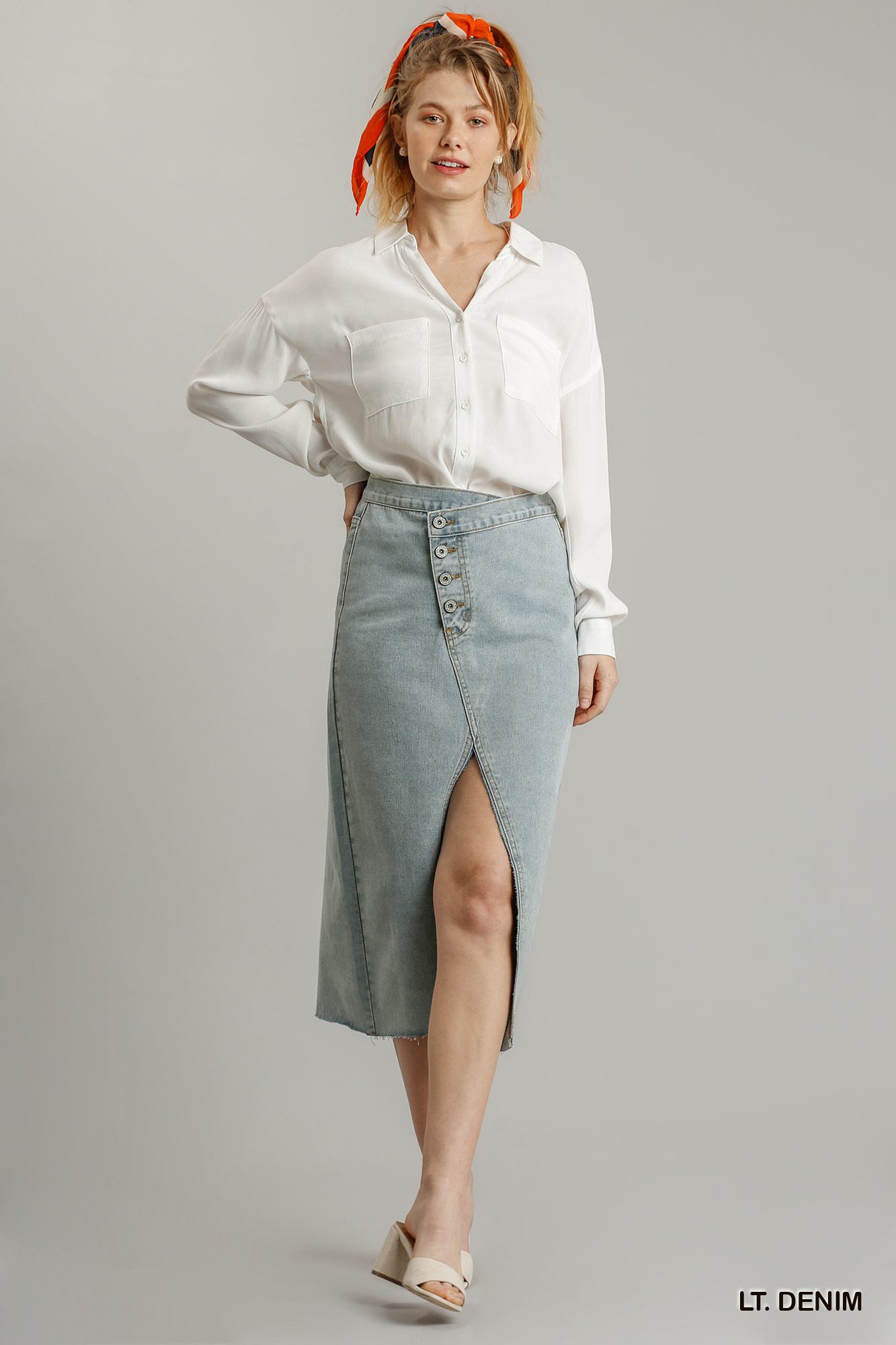 Asymmetrical Waist And Button Up Front Split Denim Skirt With Back Pockets And Unfinished Hem - ShopEasier