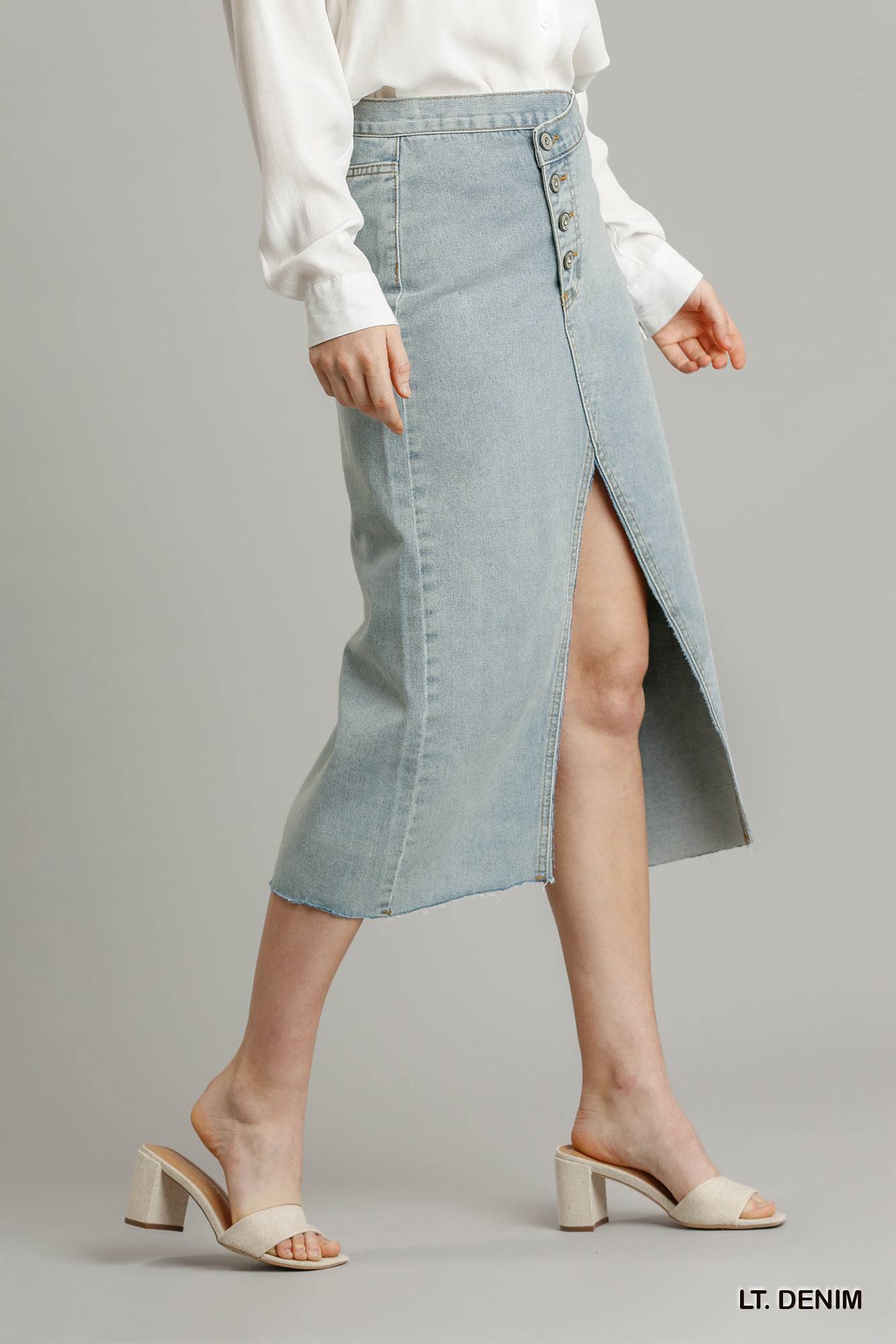 Asymmetrical Waist And Button Up Front Split Denim Skirt With Back Pockets And Unfinished Hem - ShopEasier