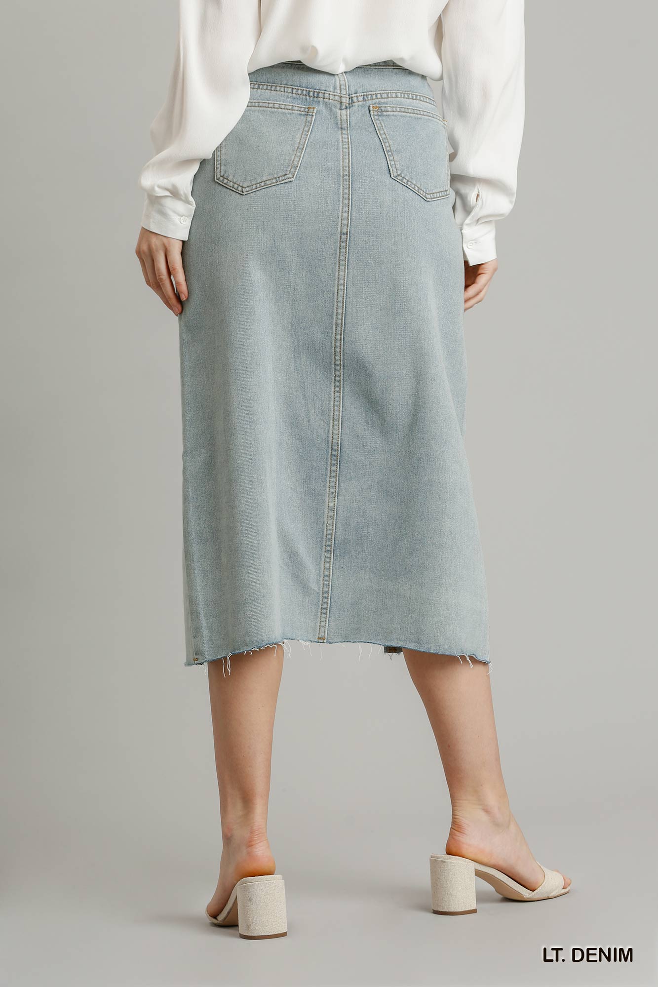 Asymmetrical Waist And Button Up Front Split Denim Skirt With Back Pockets And Unfinished Hem - ShopEasier