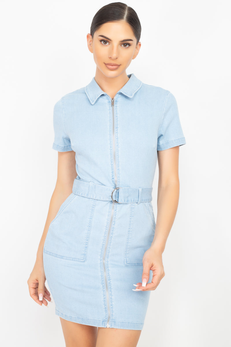 Belted Bodycon Collared Denim Dress - ShopEasier