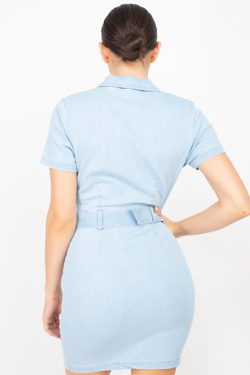 Belted Bodycon Collared Denim Dress - ShopEasier