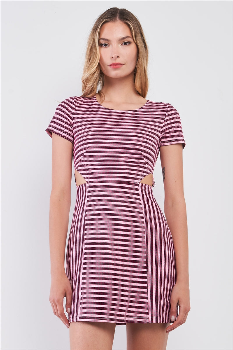 Pink & Black Striped Short Sleeve Cut-out Detail Tight Fit Mini Dress - ShopEasier