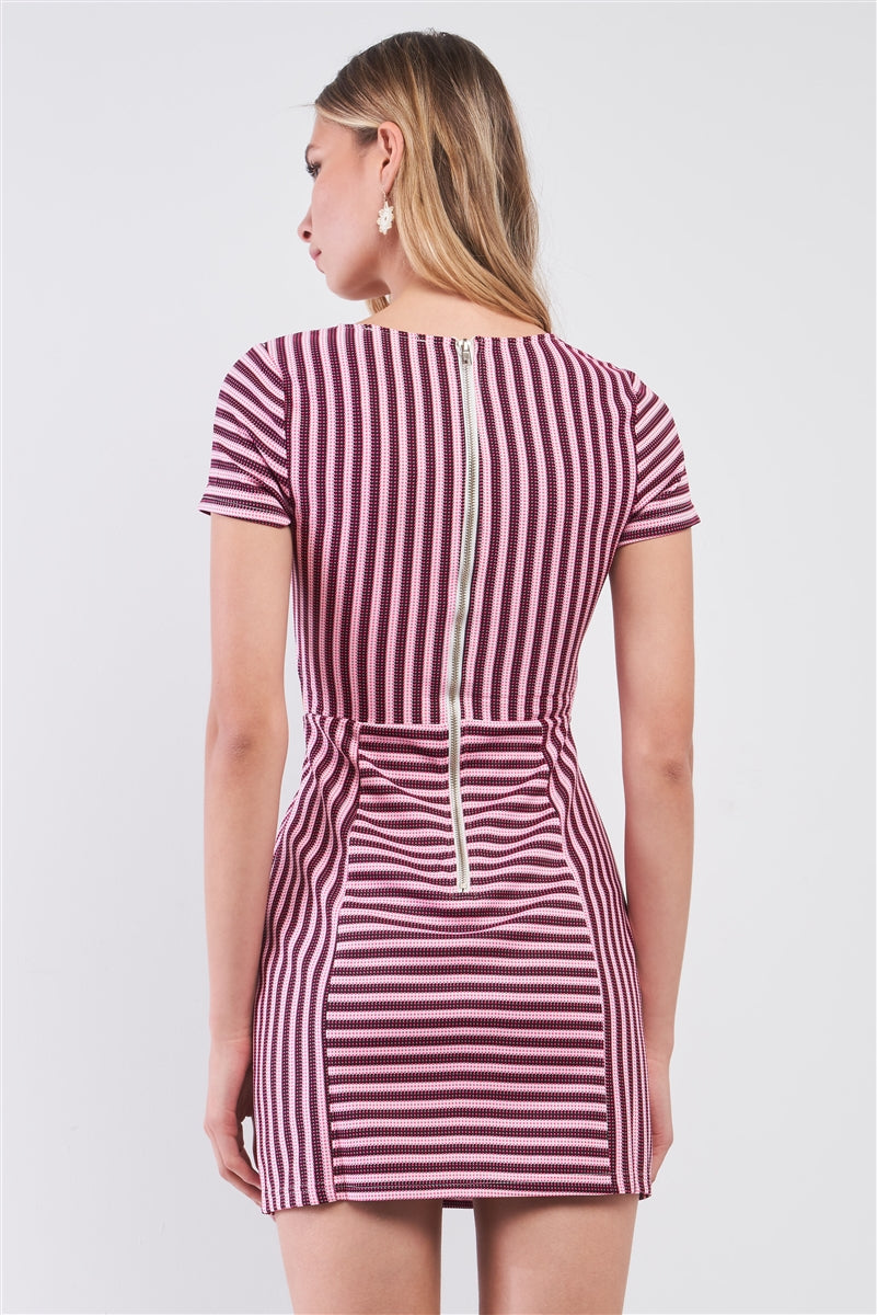 Pink & Black Striped Short Sleeve Cut-out Detail Tight Fit Mini Dress - ShopEasier