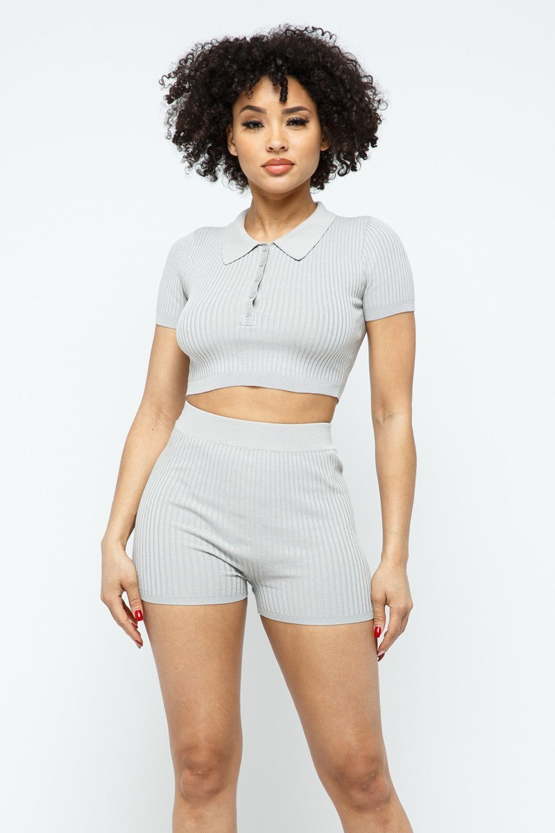 Collar Crop Top + Shorts Set - ShopEasier