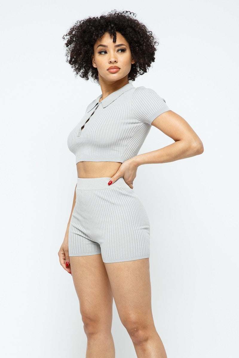 Collar Crop Top + Shorts Set - ShopEasier