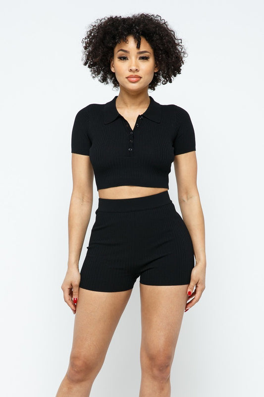 Collar Crop Top + Shorts Set - ShopEasier