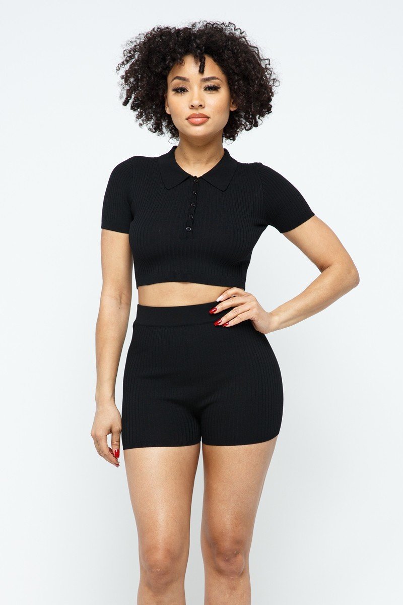 Collar Crop Top + Shorts Set - ShopEasier