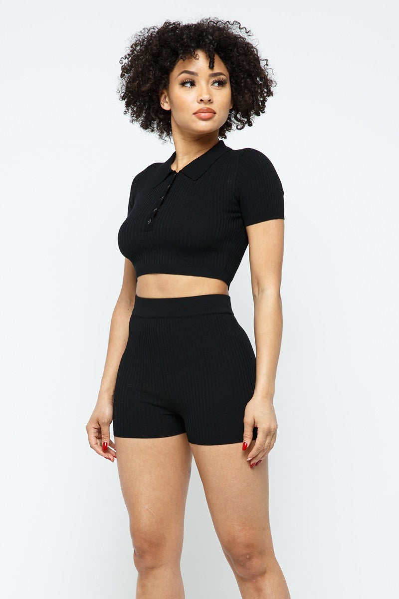 Collar Crop Top + Shorts Set - ShopEasier