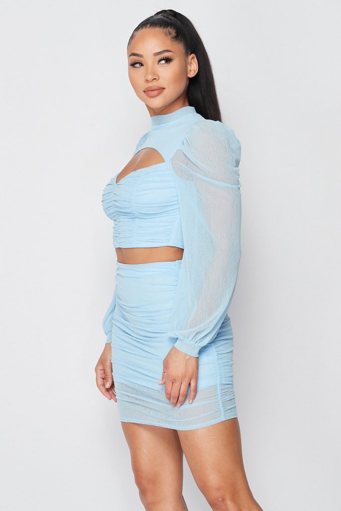 Sexy Sheer Cutout Puff Sleeved Top And Skirt Set - ShopEasier