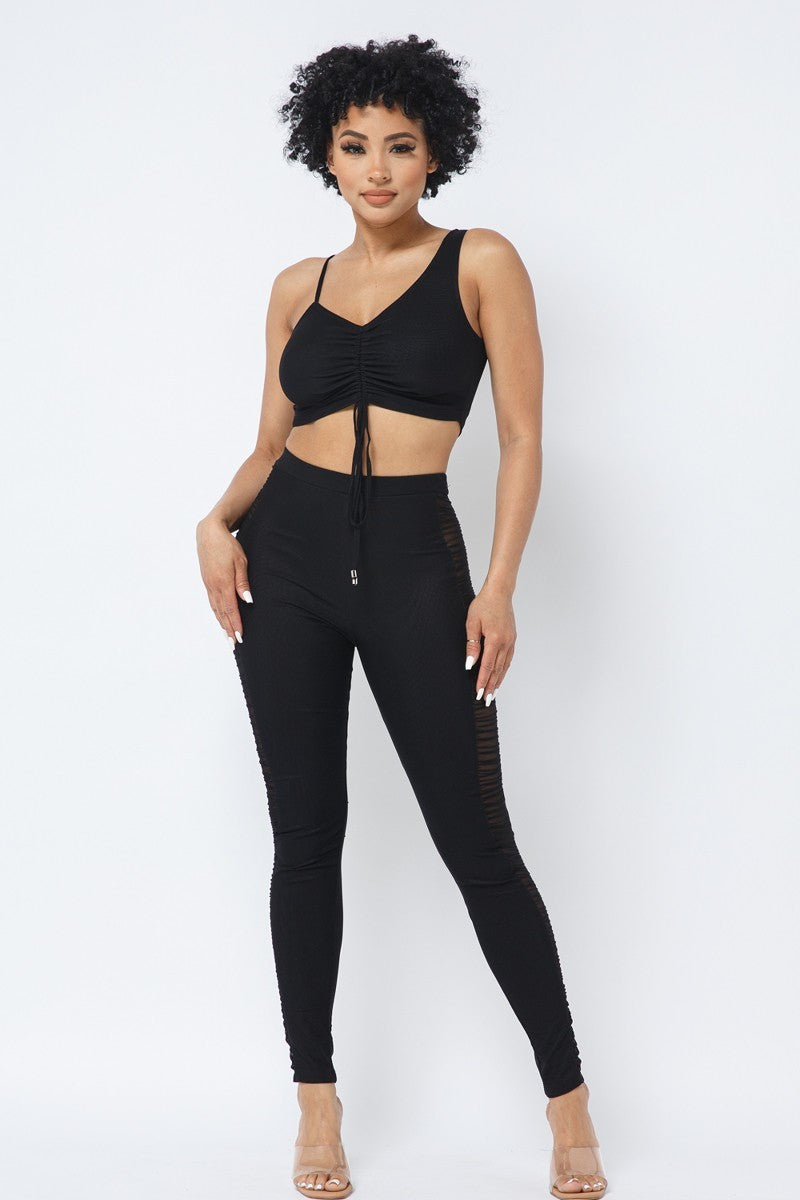 Mesh Strappy Adjustable Ruched Crop Top With Matching See Through Side Panel Leggings - ShopEasier