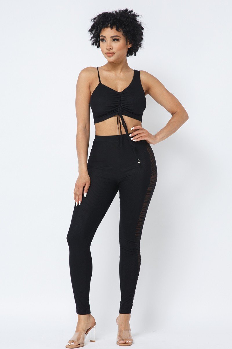 Mesh Strappy Adjustable Ruched Crop Top With Matching See Through Side Panel Leggings - ShopEasier