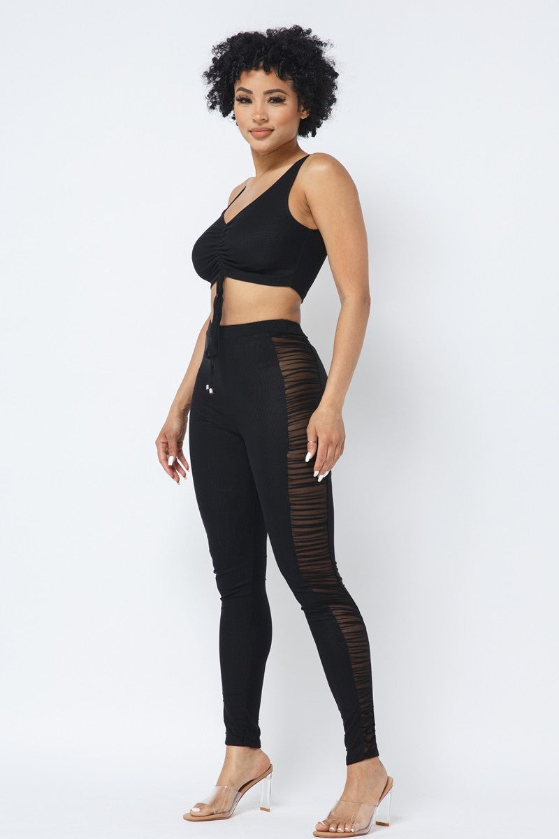 Mesh Strappy Adjustable Ruched Crop Top With Matching See Through Side Panel Leggings - ShopEasier