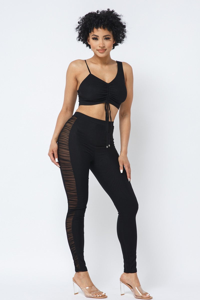 Mesh Strappy Adjustable Ruched Crop Top With Matching See Through Side Panel Leggings - ShopEasier