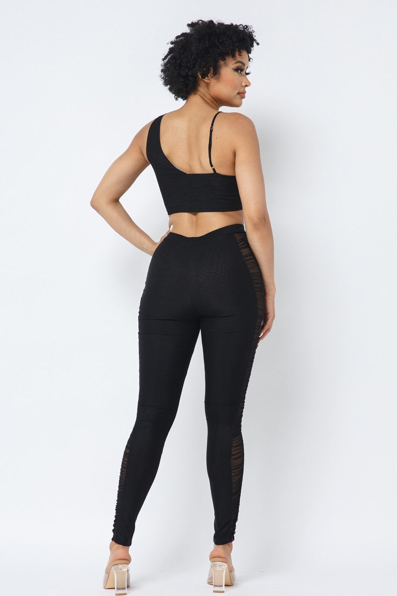 Mesh Strappy Adjustable Ruched Crop Top With Matching See Through Side Panel Leggings - ShopEasier