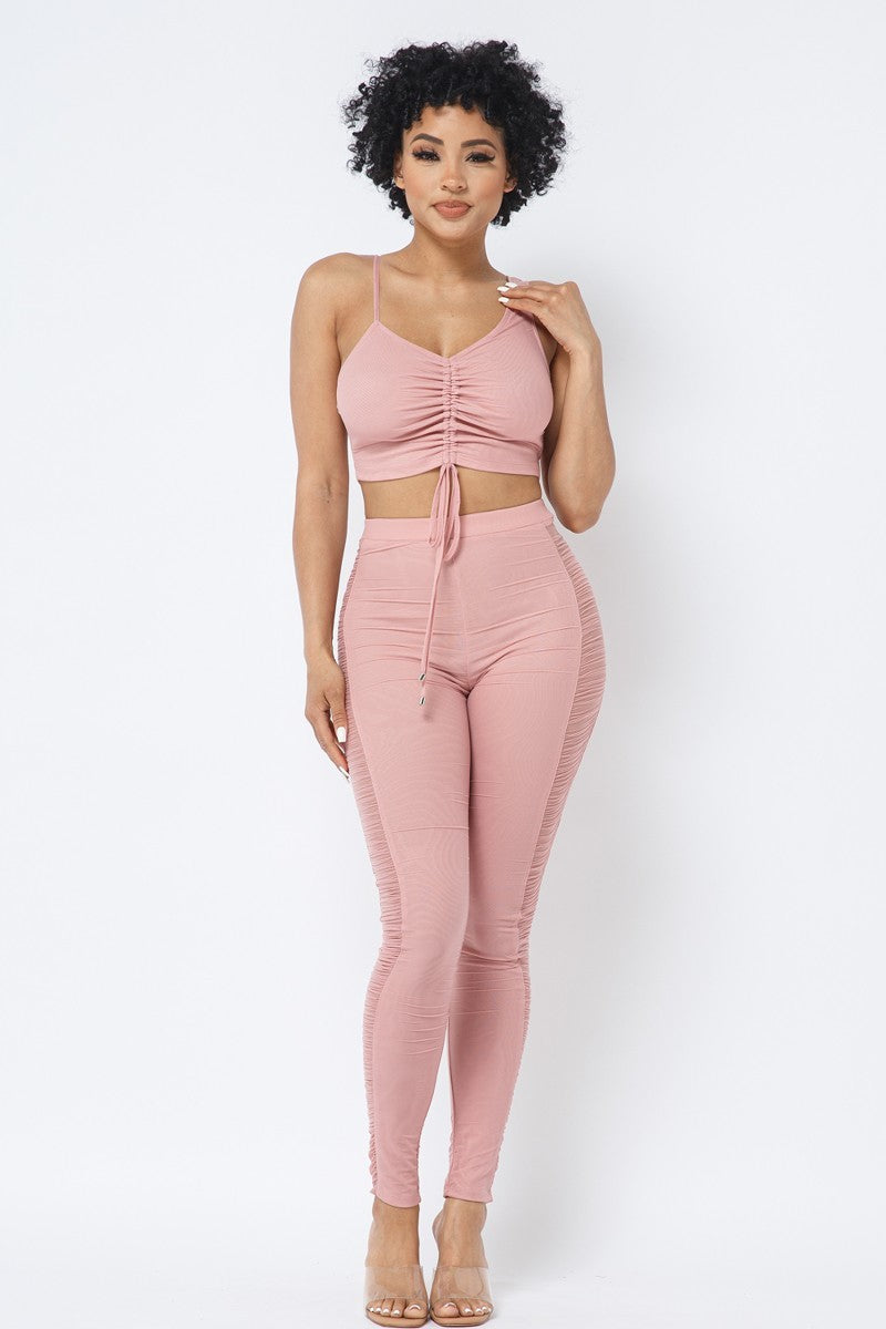 Mesh Strappy Adjustable Ruched Crop Top With Matching See Through Side Panel Leggings - ShopEasier