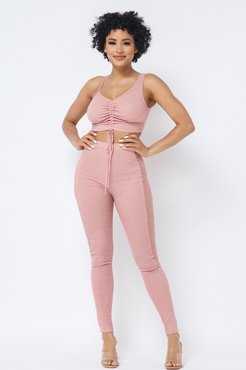 Mesh Strappy Adjustable Ruched Crop Top With Matching See Through Side Panel Leggings - ShopEasier