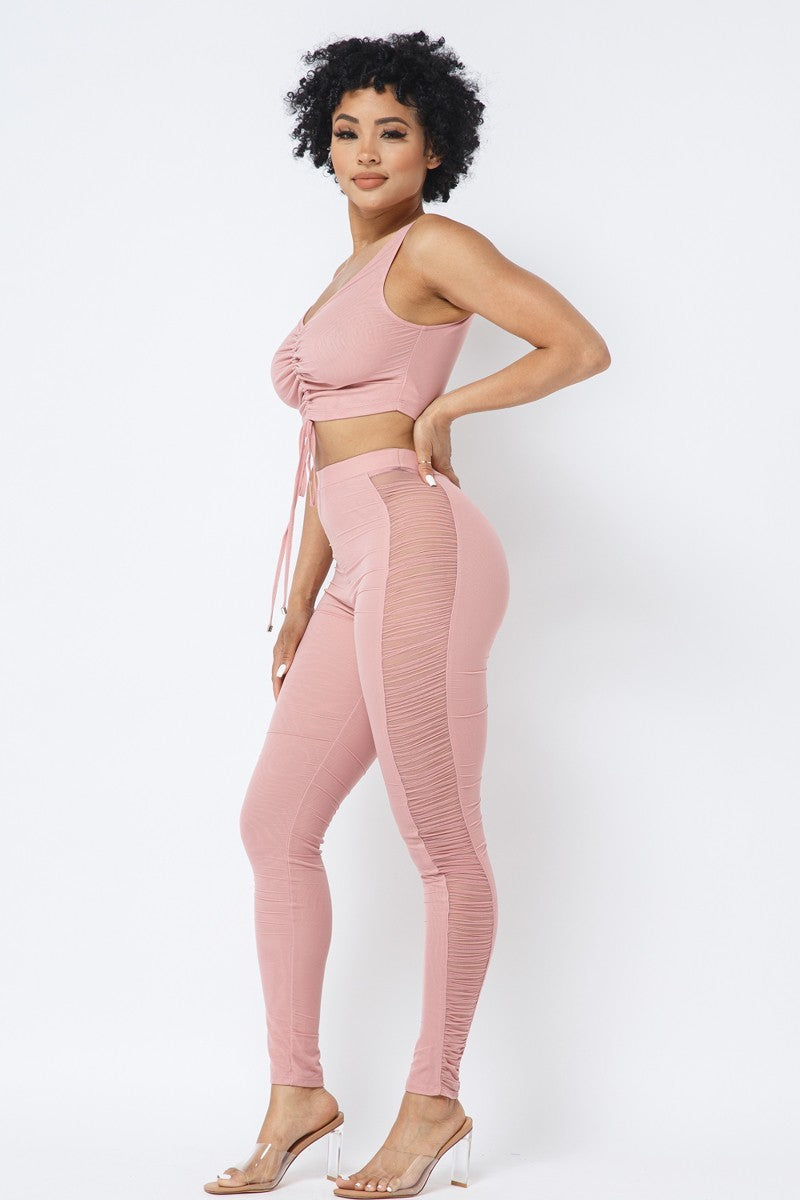 Mesh Strappy Adjustable Ruched Crop Top With Matching See Through Side Panel Leggings - ShopEasier