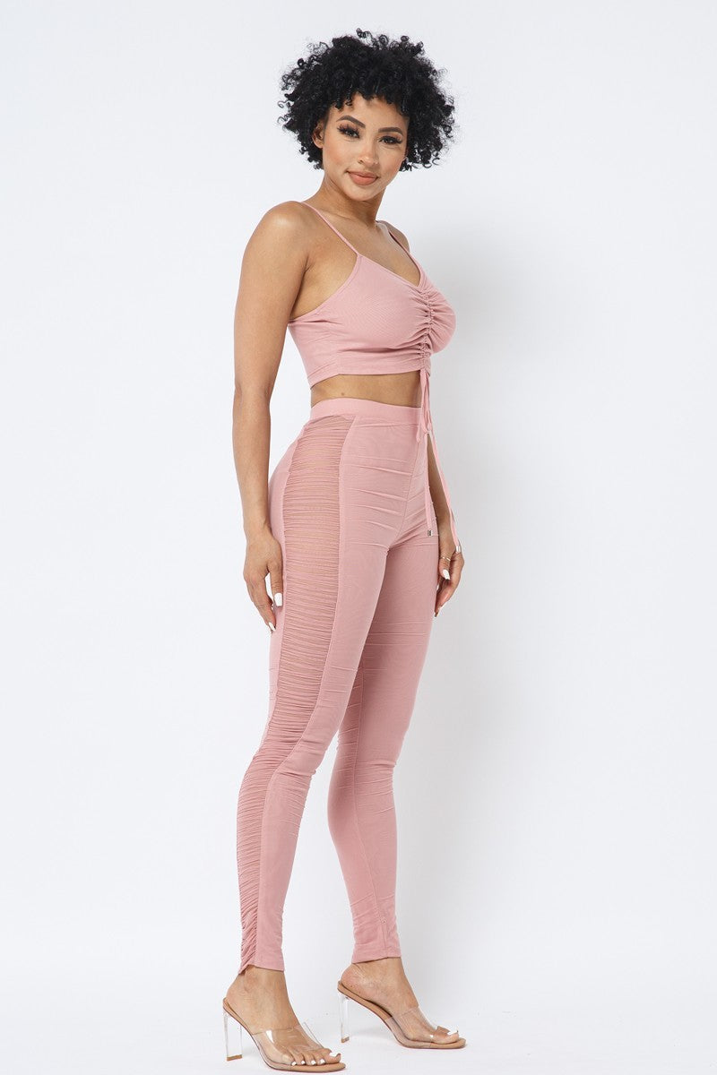 Mesh Strappy Adjustable Ruched Crop Top With Matching See Through Side Panel Leggings - ShopEasier