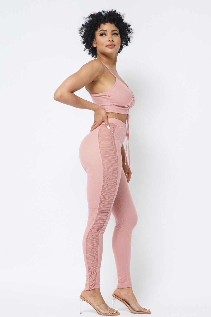 Mesh Strappy Adjustable Ruched Crop Top With Matching See Through Side Panel Leggings - ShopEasier