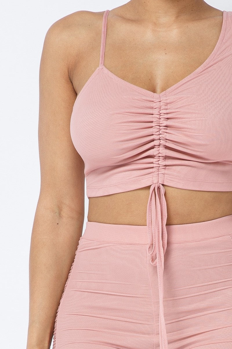 Mesh Strappy Adjustable Ruched Crop Top With Matching See Through Side Panel Leggings - ShopEasier